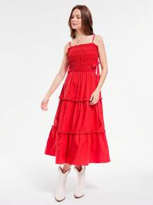 WESTFADE Đầm Maxi Dài Không Tay Xếp Ly Dễ Thương Nơ Hai Bên Xếp Tầng Không Tay Cho Kỳ Nghỉ Bãi Biển Mùa Hè Ngày 4 Tháng 7 - Đỏ - Xem 4