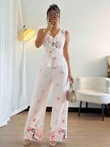 Elenzga 2 件套女式花卉印花单扣背心和裤子套装，随机印花