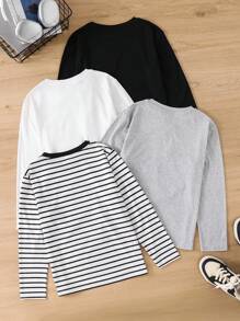 SHEIN 4pcs Kaos Lengan Panjang Kasual Polos & Bergaris untuk Anak Laki-laki Remaja, Gaya Modis untuk Musim Gugur/Musim Dingin - MultiWarna - View 2