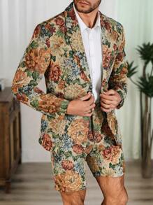 Manfinity Mode Plus Size Men Retro Print Long Sleeve Jacket And Shorts Set - Apricot - View 5