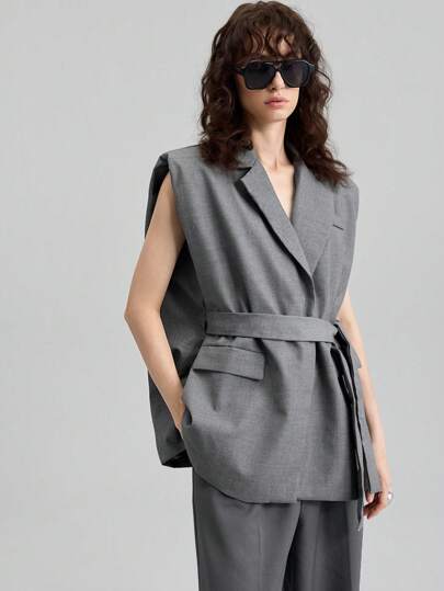 Ontre 女士2025新款春季时尚情人节特惠垫肩无袖系带腰袋设计背心西装外套女士秋冬宽松外套配腰带