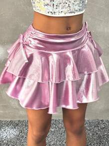 Coolane Kids 少女粉色和紫色闪亮抽绳腰部褶边及膝半身裙，休闲街头风格