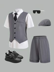 3pcs/Set Kids & Tween Boys Casual Daily Sporty College Style Comfortable Turn-Down Collar Solid Color Button-Up Short Sleeve Shirt, Loose Solid Vest, Wide-Leg Woven Shorts Gentleman Outfit - Grey - View 4