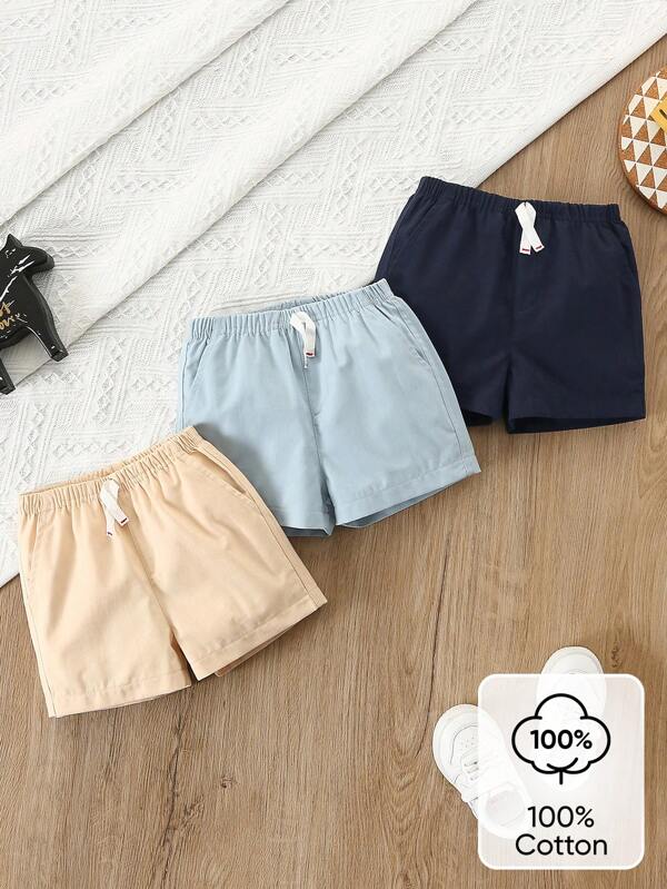 SHEIN Vintaside Kids 3pcs/Set Baby & Toddler Boys Solid Color Casual Bow Front Pocket Elastic Waist Shorts , Suitable For Everyday Wear