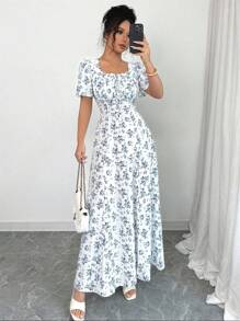 SHEIN Tall Elegant Vacation Casual Puff Sleeve Square Neck Tied Waist Slim Fit Dress For Tall Women, Spring/Summer