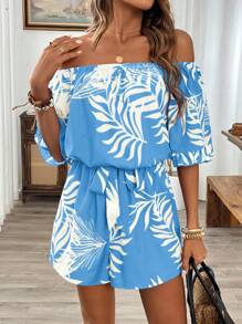 SHEIN Holidaya 夏威夷风荷叶边露肩连体衣 - 彩色 - 查看 6
