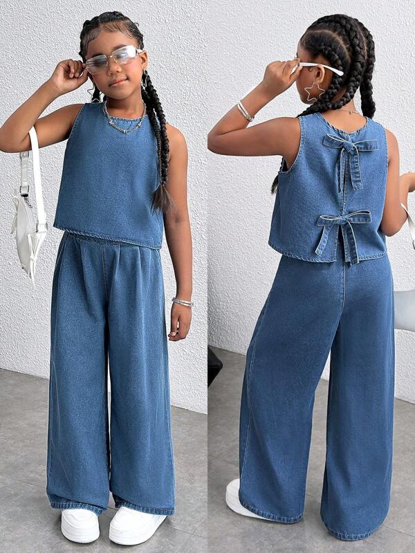 Elegantes Set aus ärmellosem Oberteil mit offener Vorderseite und gerader Hose für Tween-Mädchen, Urlaubsoutfits, lässige Zweiteiler für Frühlings- und Sommerferien, Baggy-Shorts für Sommerkonzerte, Rave-Festivals, Streetwear Party Outfits, Kleidung für den 4. Juli, Zweiteiler für Abschlussfeiern