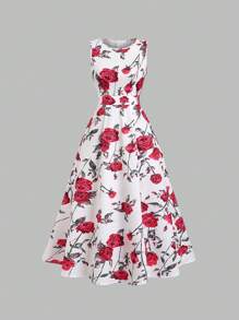 SHEIN Unity Vintage Elegant Rose Print Flared Dress, Waisted Silhouette, Fashion Formal Gown For Women, Spring - Multicolor - View 1