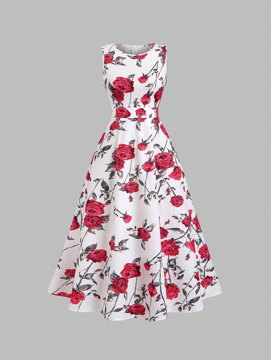 SHEIN Unity Vintage Elegant Rose Print Flared Dress, Waisted Silhouette, Fashion Formal Gown For Women, Spring - Multicolor - View 1