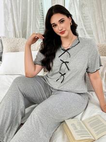 SHEIN Bộ đồ ngủ vải lụa sữa siêu mềm mại, tối giản, thắt nơ, thân thiện với da, cỡ lớn, trang phục - Màu Xám nhạt - Xem 4