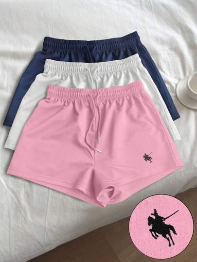 SHEIN 3pcs Women's Embroidered Colorful Sports Shorts Set