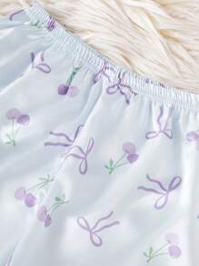 女孩加大蝴蝶结印花领开衫搭配休闲裤套装，舒适家居服 - 紫色 - 查看 7