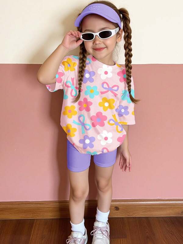 SHEIN Set de 2 piezas de top de manga corta y shorts informales minimalistas para niñas, adecuado para el verano