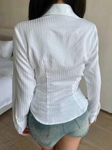 少女白色修身弧形下摆百搭休闲衬衫 - 白色 - 查看 6