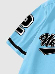 ROMWE MEN Prep 男士单排扣休闲都市徽标印花短袖衬衫 - 藍色 - 查看 4