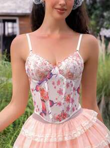 SHEIN 1pc Women Floral Embroidery Mesh Print Underwire Bralette