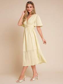 Amorya 女士新款时尚优雅V领收腰开衩连衣裙，修身，中长款，高端淡黄色，夏季休闲/度假装 - 黃色 - 查看 6