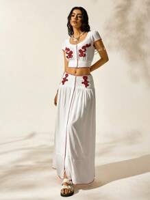 Easelle Bộ đồ đi nghỉ ngắn cổ chữ V màu be dành cho nữ - trắng - Xem 5