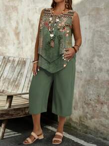 EMERY ROSE 休闲复古印花圆领背心和阔腿七分裤两件套，大码女装，夏季外出穿着舒适 - 彩色 - 查看 6