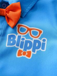 Blippi X SHEIN Young Boy Summer Cartoon Pattern Orange Bowknot Blue Casual Short Sleeve Shirt