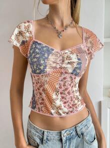 Jouncy Women's Vacation Floral Print Sweetheart Neckline Raglan Short Sleeve Fashion T-Shirt - Multicolor - View 6
