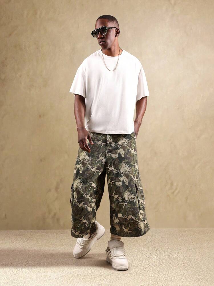 Wide Leg Cargo Distressed Frayed Hem Utility Denim Shorts
