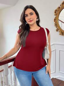 SHEIN Privé 1pc Plus Size Women Hollow Out Back Simple T-Shirt, Casual Holiday Wear Burgundy Top Wine Red Top Maroon Top Open Back Tops Twisted Back Top,Going Out Tops - Red - View 2
