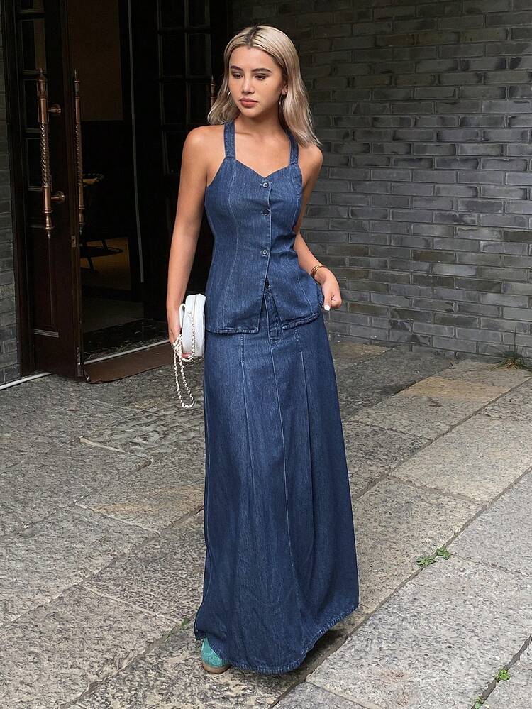 Women's Summer Sleeveless Spaghetti Strap Tank Top And Loose Pleated Long Skirt Denim 2 Pieces Casual Vacation Set