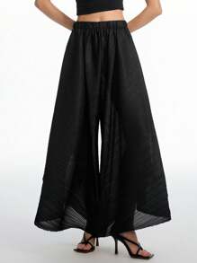 LYSMO Women's Black Solid Color Elastic Waist Pleated Fabric Wide Leg Loose Casual Pants For Vintage Style, BOHO Chic, Beach Vacation Outfits And Streetwear 2025 Fashionable New Arrive - Black - View 1