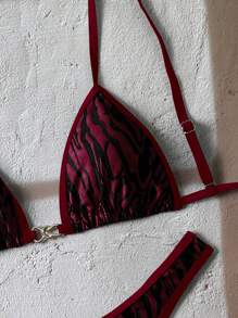 Swim Vcay 春假 2 件套夏季假期随机动物印花上衣配金色装饰和高腰比基尼泳裤性感泳衣套装