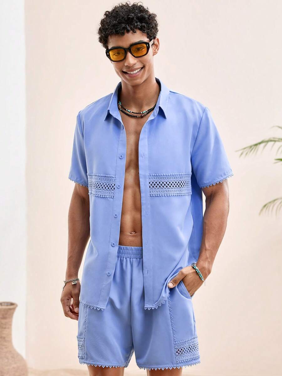 Manfinity VCAY 2 件男士薄款纯色开针织领短袖休闲衬衫,夏季 - 藍色 - 查看 1