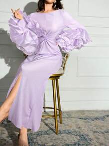 Modelyn Women's Solid Color Round Neck Layered Ruffle Trim Sleeve Slit Hem Fitted Elegant Dress,Bodycon Dress - Purple - View 5