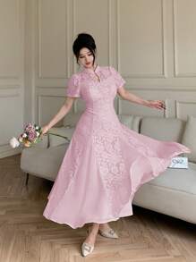 Modelyn Women's Elegant Solid Color Lace Patchwork Dress - Pink - View 3