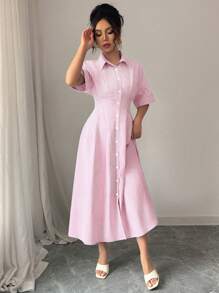 Selianne Váy kẻ sọc thanh lịch cổ polo tay ngắn cài nút eo thời trang xuân/hè - Hồng - Xem 7