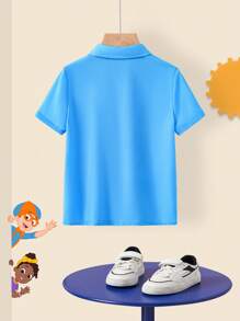 Blippi X SHEIN Young Boy Summer Cartoon Pattern Orange Bowknot Blue Casual Short Sleeve Shirt