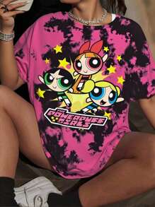 THE POWERPUFF GIRLS X SHEIN Plus Size Round Neck Short Sleeve T-Shirt, Comfortable & Casual, Featuring Tie-Dye & Blossom, Bubbles, Buttercup Pattern