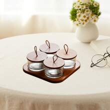 SHEIN 木制小吃托盘带盖玻璃盖分盘坚果盘小吃盘用于糖果薯片配菜沙拉开胃菜 - 棕色 - 查看 5