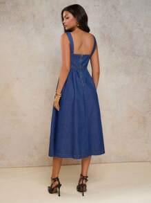 COSMINA 女式夏季方领荷叶边无袖休闲牛仔连衣裙