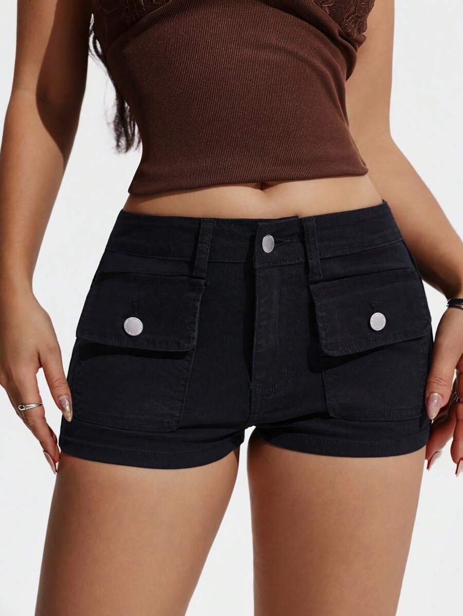 SHEIN EZwear Women's Utility Pocket Fitted Casual Versatile Denim Shorts
