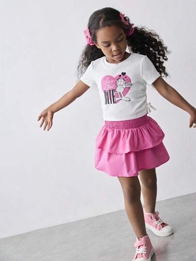 Maija Kids GARFIELD | SHEIN Maija Kids 2pcs/Set Young Girl Cartoon Pattern Round Neck Short Sleeve T-Shirt & Pink Layered Hem Skirt Set