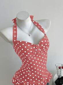 Elamini 甜美波点蝴蝶结前襟荷叶边露背系带吊带背心（女款） - 紅色 - 查看 6