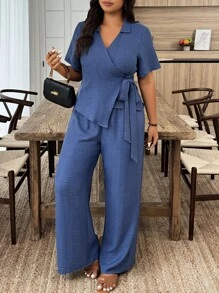 EMERY ROSE Plus Size Casual Solid Color Wrap Shirt & Pants 2 Pieces Set - Blue - View 4