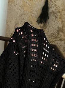 SHEIN VCAY Plus Size Solid Color Hollow Out Short Knit Black Cardigan Y2k Black Summer Top Crochet Tops For Women Eyelet Top For Women Knit Top Summer Tops Going Out Tops Women Crochet Streetwear Tie Front Top Mesh Back To School In Fall/Winter, For Woman