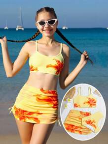 3pcs/Set Cute Teen Girlbowknot Adjustable Strap Bikini With Tulle Skirt - Multicolor - View 1