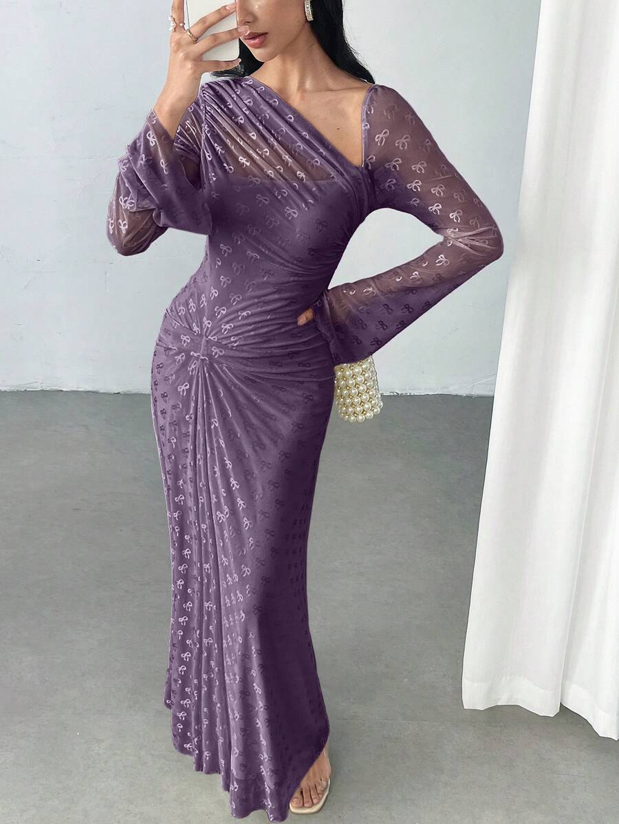 Modelyn 优雅蝴蝶结网眼不对称领口连衣裙