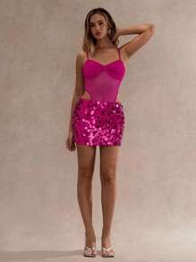 Glamine Women's Sequins Patchwork Hollow-Out Sleeveless Mini Dress,Summer,Pink 70s Night Out Party Club Birthday Sequin Skirt - Hot Pink - View 5