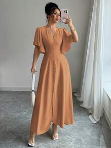 Elenzga Abito midi elegante da donna con scollo a V e vita in vita, maniche a campana, decorato con bottoni, ideale per casual, tè pomeridiano, feste, vacanze e pendolarismo, primavera/estate