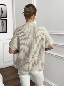 EURMUSE Damski kardigan z krótkim rękawem i kieszenią na guziki w jednolitym kolorze z przodu - Beżowy - Zobacz 8