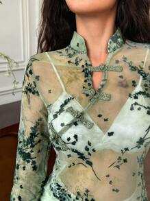 EastFlair Women Floral Flocked Mesh Long Sleeve Button Design Fashion Top