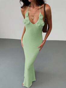 Aloruh Apricot Backless Summer Knitted Dress With Tie Up Neck, Slim Fit Holiday & Date Night Dress For Women